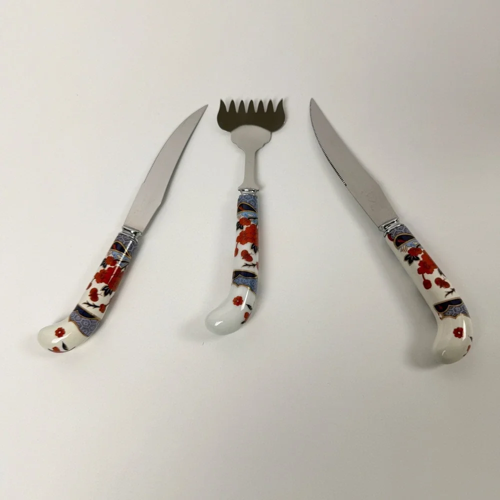 Prill Sheffield England Porcelain Handle‎ Knife Set Floral Cheese Fork 3pc